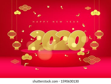 Happy new year 2020 Chinese style. Gold metal numbers on a red background.