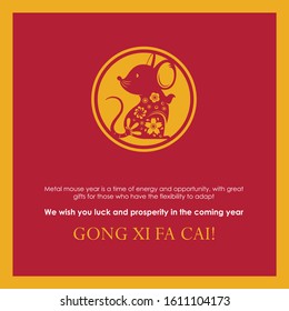 Happy new year 2020, chinese card 2020 with the Zodiac Metal Mouse and GONG XI FA CAI (Wish you prosper in the new year) on a red background vector design