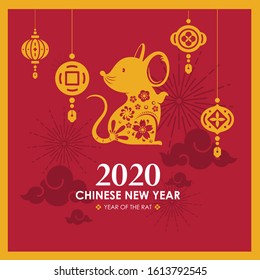 Happy new year 2020, chinese card 2020 with the Zodiac Metal Mouse and GONG XI FA CAI (Wish you prosper in the new year) on a red background vector design