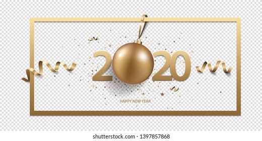 Happy New Year 2020 with Christmas decoration and confetti on a transparent background.
