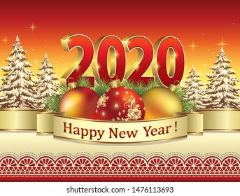 Happy New Year 2020. Christmas card with Christmas balls on background of fir trees. Vector illustration