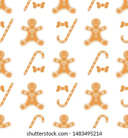 Happy New Year 2020 and Christmas seamless pattern. Vector illustration with gingerbread man, bow, candy canes. Design for wrapping, fabric, print.