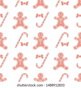 Happy New Year 2020 and Christmas seamless pattern. Vector illustration with gingerbread man, bow, candy canes. Design for wrapping, fabric, print.
