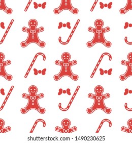 Happy New Year 2020 and Christmas seamless pattern. Vector illustration with gingerbread man, bow, candy canes. Design for wrapping, fabric, print.