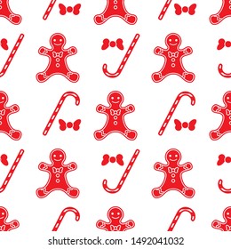 Happy New Year 2020 and Christmas seamless pattern. Vector illustration with gingerbread man, bow, candy canes. Design for wrapping, fabric, print.