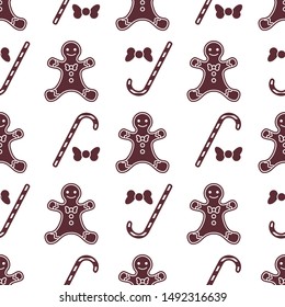 Happy New Year 2020 and Christmas seamless pattern. Vector illustration with gingerbread man, bow, candy canes. Design for wrapping, fabric, print.
