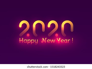 Happy new year 2020. Christmas concept Xmas greeting card. Magic holiday poster, banner. Festive purple and golden luminous background with colorful lights bokeh. 