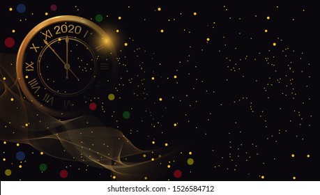 Happy New Year 2020 and Christmas glow black background with golden clock. Bright Xmas banner. Vector illustration.
