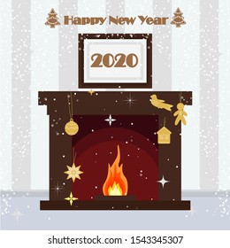 Happy New Year 2020 christmas Fireplace on the wall with the picture