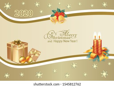 Happy New Year 2020. Christmas background with gift boxes, balls, bells and burning candles in decorative frame on delicate beige background with snowflakes. Vector illustration.