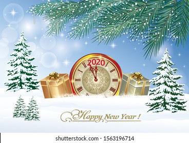 Happy New Year 2020. Christmas card with a clock and gift boxes on a snowy winter background. Vector illustration