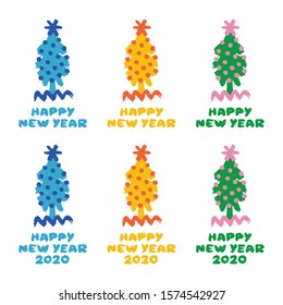 Happy New Year 2020. Christmas tree with hand drawn lettering. Limited color illustrations for stylish winter decor.