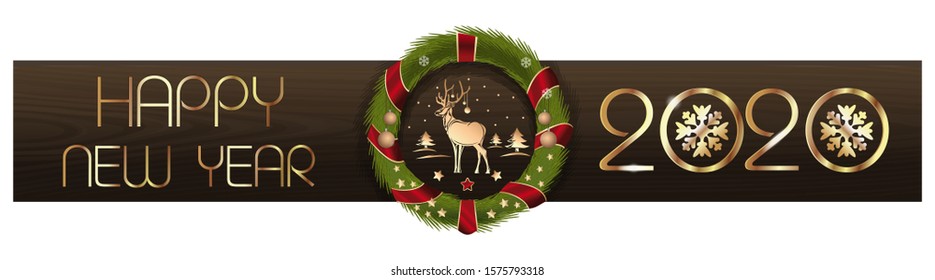 Happy New Year 2020. Christmas design. Christmas wreath on the background of wooden boards and greeting inscriptions. Vector illustration