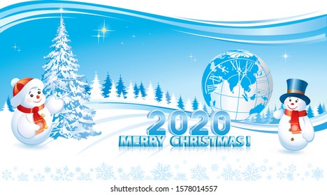 Happy New Year 2020. Christmas tree and snowman on the background of the planet Earth and nature. Vector illustration