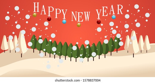 Happy New Year 2020 christmas snow scene on red background with snow and trees landscape