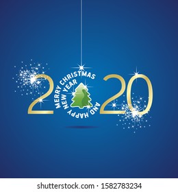 Happy New Year 2020 Christmas ball green tree blue background