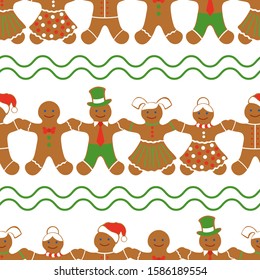 Happy New Year 2020, Christmas seamless pattern. Vector illustration with fun cartoon gingerbread man. Christmas cookies. Winter holiday, cooking, food background. Design for wrapping, fabric, print