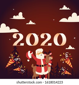 Happy new year 2020, Christmas holidays greeting vector illustration. Santa Claus and deer happy cartoon character, new year celebration winter holiday season. Christmas card template party invitation