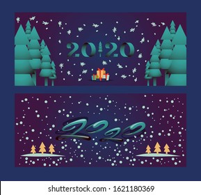 Happy new year 2020, Christmas holidays banner vector illustration. Simple greeting card with Christmas trees and snowflakes, new year party invitation. Winter holiday season greeting card, night snow