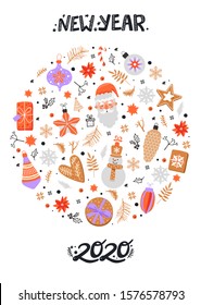 Happy New Year 2020 circle composition. Tree toy, Santa, candy, fir-tree branch, ginger cookie, snowflake, gift, flower and stylish lettering. Design for postcard, invitation, poster etc. Vector.