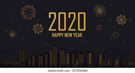 Happy new year 2020 city background with fireworks in the night