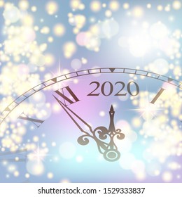 Happy New Year 2020 clock with a Roman dial a few minutes until midnight 2020. Merry Christmas greeting card in abstract shining blue background with glow  vector illustration 