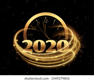 happy new year 2020 with clock and golden streak