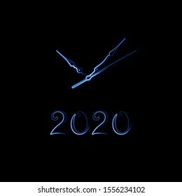 Happy New Year 2020 with a clock on a black background.