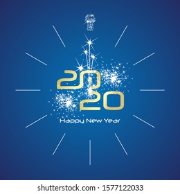 Happy New Year 2020 clock countdown with sparkle firework gold shining numbers blue background