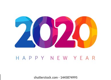 Happy New Year 2020 colorful facet logo text design. Cover of business diary for 2020 with wishes. Brochure design template,  Xmas card, sale banner. Vector Christmas illustration on white background