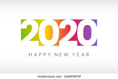 Happy New Year 2020. Colorful greeting card on white background. Minimal design. Color gradient with white numbers. 2020 text holiday banner. Vector illustration.