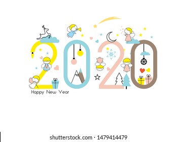 Happy New Year 2020. Colorful and simple card with sweet small angels