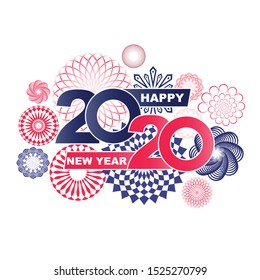 Happy New Year 2020 colorful facet logo text design. Cover of business diary for 2020 with wishes. Brochure design template, Xmas card, sale banner. Vector Christmas illustration on white background.