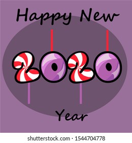 Happy New Year 2020 colorful logo text design. Brochure design template, Christmas card, sale banner. Vector Christmas illustration on violet background.