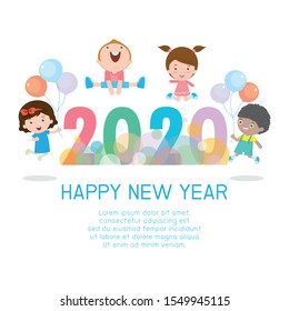 Happy new year 2020, Colorful Merry Christmas 2020 kids background, happy child jumping with Happy new year, Template for advertising brochure. poster Vector Illustration