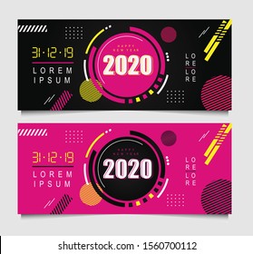 Happy New Year 2020 colorful banner with flat design style. New year celebration vector background for invitation, sale, discount card and backdrop template. Modern and trendy vector background.