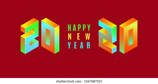 Happy New Year 2020. Colorful isometric numbers 2020 isolated on red background.  Art modern christmas design for banner, poster, seasonal holidays flyers, greeting card, calendar, invitations, web.