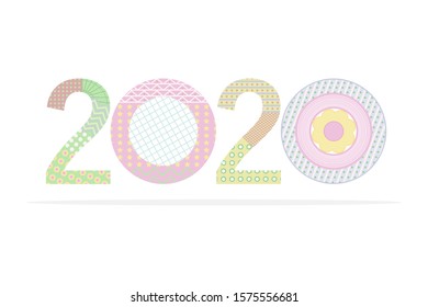 Happy New Year 2020. Colorful pastel letters with variety shape pattern inside the letter. Vector illustration