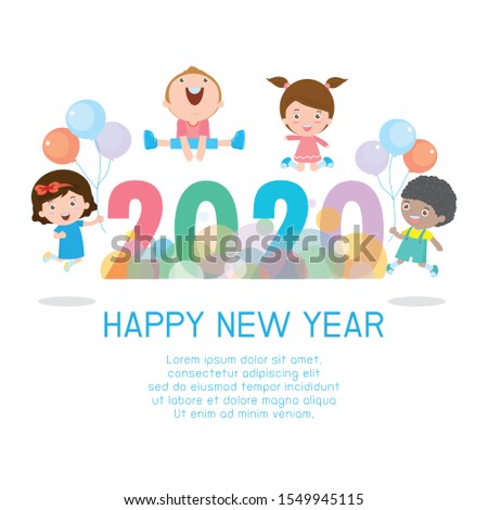 Happy new year 2020, Colorful Merry Christmas 2020 kids background, happy child jumping with Happy new year, Template for advertising brochure. poster Vector Illustration