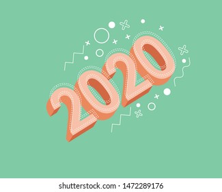 Happy New Year 2020 concept: Cute pastel color background with number 2020, Memphis style