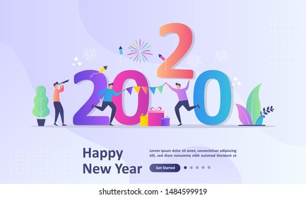 Feliz Año Nuevo 2020 concepto, tarjeta de felicitación con el diseño plano de carácter personal, Apto para página de inicio web, ui, aplicación móvil, plantilla de banner. Ilustración vectorial