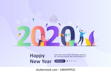 Happy New Year 2020 concept, greeting card with people character flat design, Suitable for web landing page, ui, mobile app, banner template. Vector Illustration