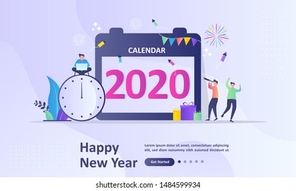 Happy New Year 2020 concept, greeting card with people character flat design, Suitable for web landing page, ui, mobile app, banner template. Vector Illustration