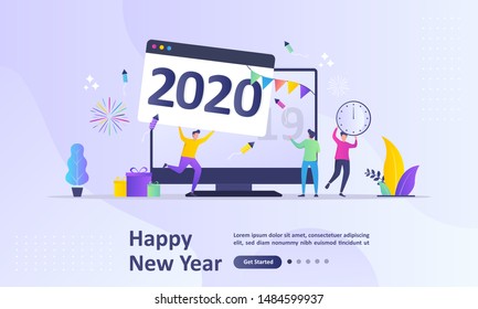 Happy New Year 2020 concept, greeting card with people character flat design, Suitable for web landing page, ui, mobile app, banner template. Vector Illustration