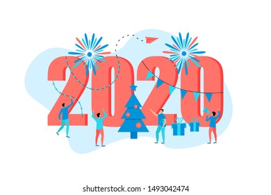 Happy New Year 2020 concept, greeting card with people character flat design. Webpage and banner template.