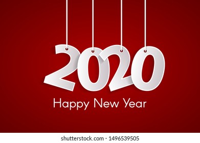 Happy New Year 2020 concept with paper cuted white numbers on ropes. Origami red style numbers. Christmas and Chinese New Year decor. Vector illustration