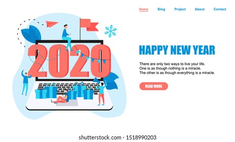 Happy New Year 2020 concept, greeting card with people character in laptop monitor. Webpage and banner template..