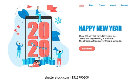 Happy New Year 2020 concept, greeting card with people character in mobile screen. Webpage and banner template.