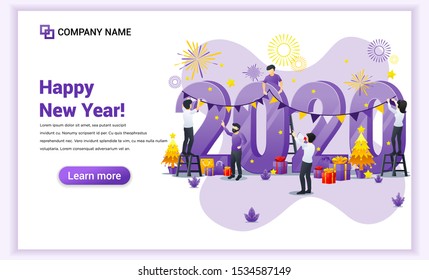 Happy new year 2020 concept. People decorating on giant 2020 number celebrating for the new year eve. Can use for web banner, poster, landing page, web template. Vector illustration
