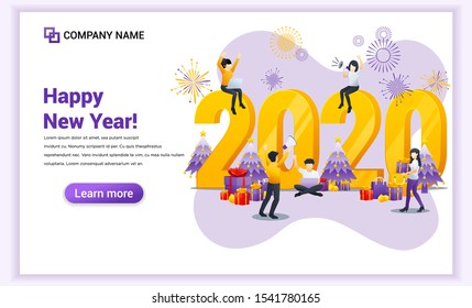 Happy new year 2020 concept. People are celebrating the new year with gift boxes and fireworks. Can use for web banner, poster, landing page, web template. Vector illustration